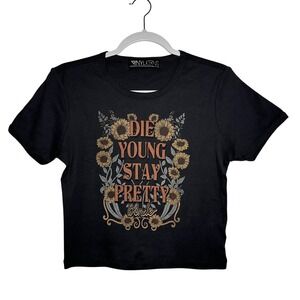 VINYLICONS Black Graphic Crop Top Sunflower Die Young Stay Pretty Blondie Size L
